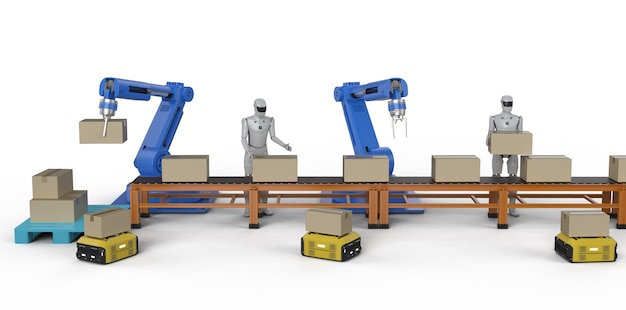 Automatiseringsfabrieksconcept met 3D-renderingrobotassemblagelijn en transportband