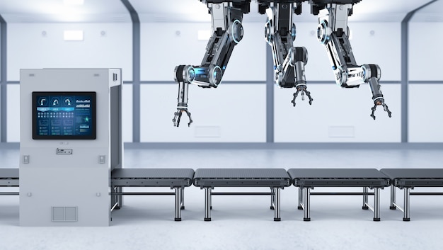 Automatiseringsfabrieksconcept met 3D-renderingrobotassemblagelijn met lege transportband