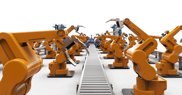 Automatiseringsindustrie met robotarmen met transportlijnen