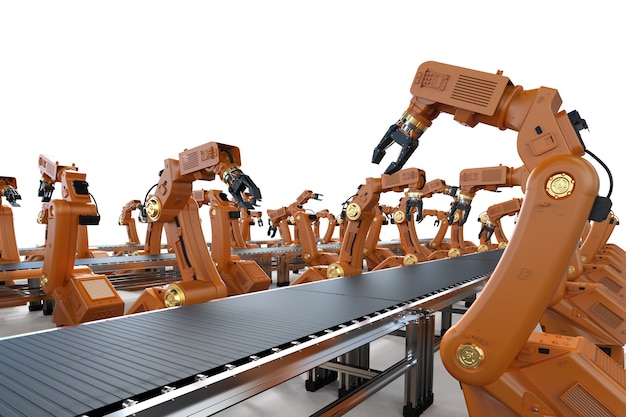 Automatiseringsindustrieconcept met 3D-renderingrobotassemblagelijn in fabriek