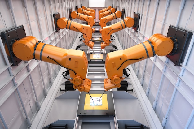 Automatiseringsindustrieconcept met 3D-renderingrobotassemblagelijn in fabriek
