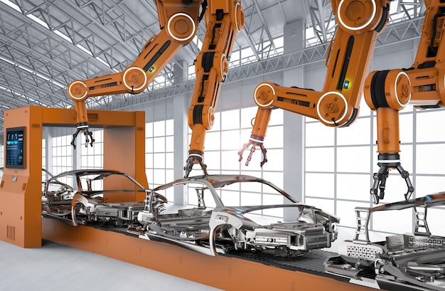 Automatiseringsindustrieconcept met robotassemblagelijn in fabriek