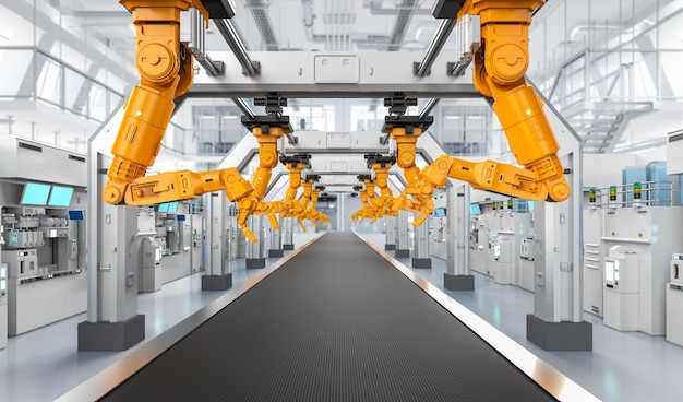 Automatiseringsindustrieconcept met robotmontage lijn in de fabriek
