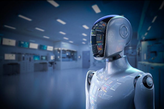Automatiseringslaboratoriumconcept met humanoïde robot in futuristisch laboratorium