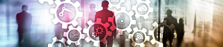 Automatiseringstechnologie en slim industrieconcept op vage abstracte achtergrond Versnellingen en pictogrammen Website header banner