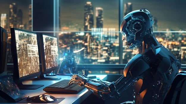 Automatiseringswerkerconcept met 3D-rendering cyborg of robotwerk op desktopcomputer Generatieve AI