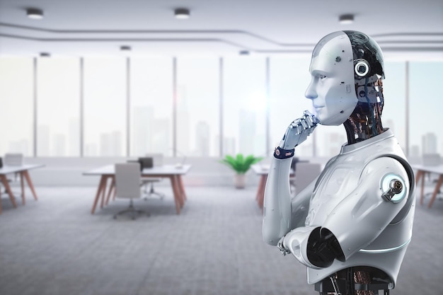 Automatiseringswerknemerconcept met 3D-rendering ai-robot die in smart office werkt