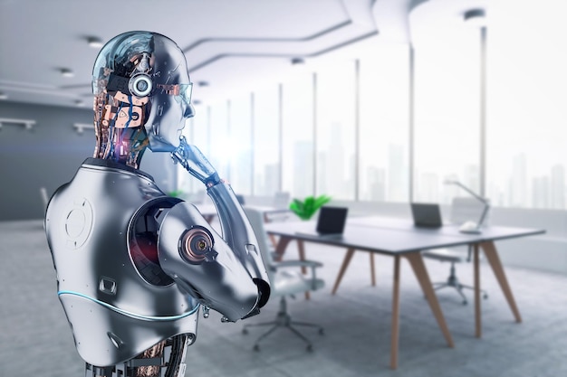 Automatiseringswerknemerconcept met 3D-rendering ai-robot die in smart office werkt