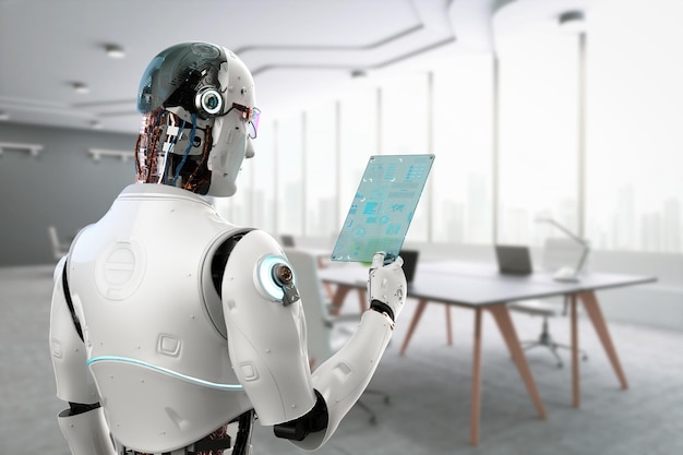 Automatiseringswerknemerconcept met 3D-rendering ai-robot die in smart office werkt