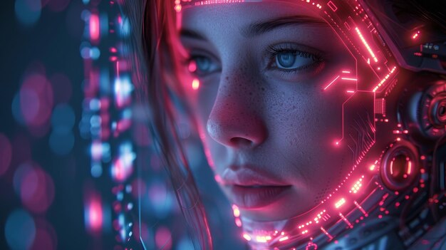 Automatization Create Software Develop Robot or cyborg woman with AI teaching coding on laptop Coding or programming app using artificial intelligence