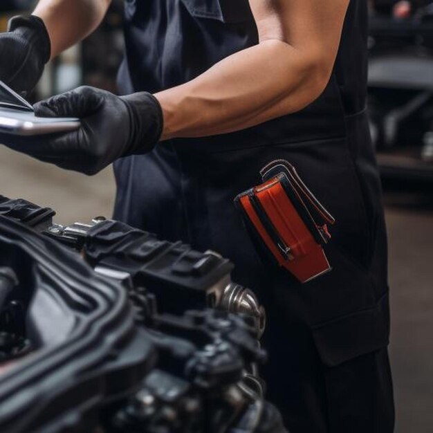 automechanicus die een tablet gebruikt en een meetstok trekt om het olieniveau van de motor te controleren