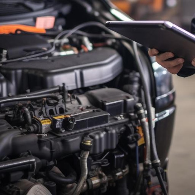 automechanicus die een tablet gebruikt en een meetstok trekt om het olieniveau van de motor te controleren