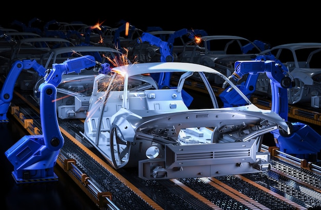 Automobielfabrieksconcept met 3D-renderingrobotassemblagelijn in autofabriek