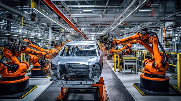 ロボットアームを備えた自動車製造工場は近代的な工場内で完全に自動化されています