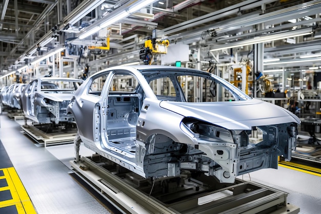 自動車工場 コンベア上で車のボディを組み立てる 最新の自動車生産技術