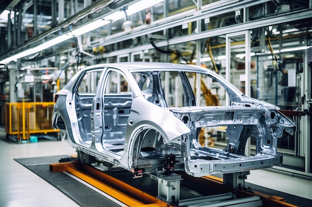 写真 自動車工場 コンベア上で車のボディを組み立てる 最新の自動車生産技術
