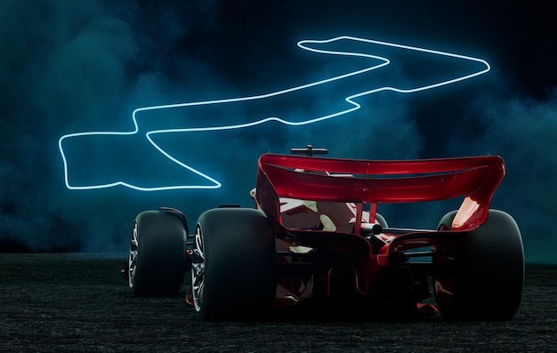 Photo automobile race car in the dark setting with smoke ambiance and illuminated circuit map background