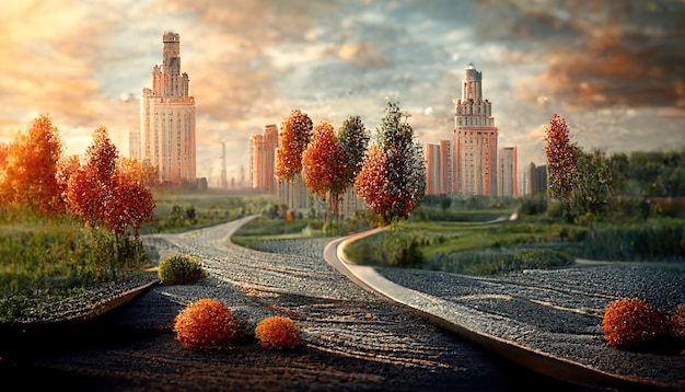 Автомобильная дорога в город с деревьями домов с оранжевой листвой
