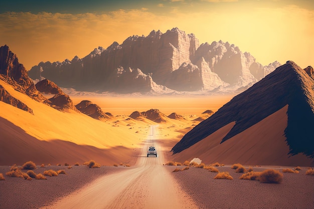 An automobile route in a sandy mountainous desert