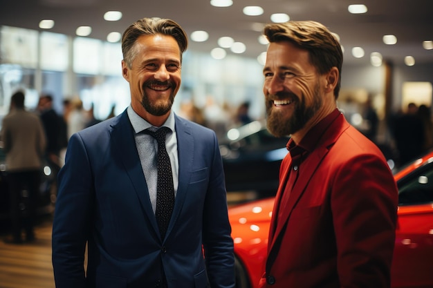 Photo automobile salesman showing a client some cars in a dealership