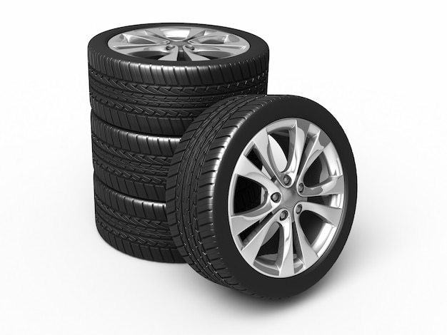 自動車のタイヤとホイールのレンダリング (白とクリッピング パスで分離)
