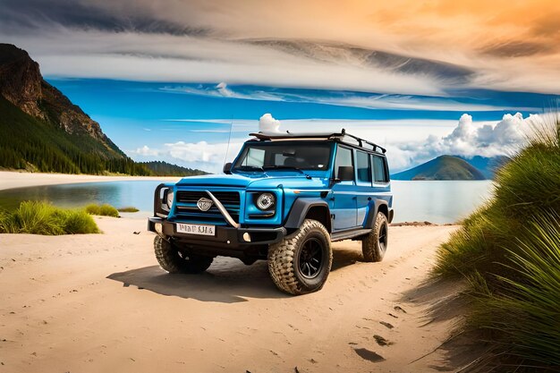 Automodel is een blauwe jeep met een kentekenplaat waarop staat