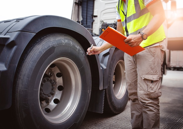 Automonteur driver holding klembord is het controleren van een vrachtwagen wielen en banden truck inspectie veiligheid