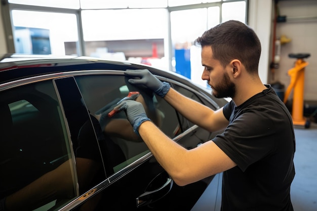 Foto automonteur in garage die een raam controleert en repareert