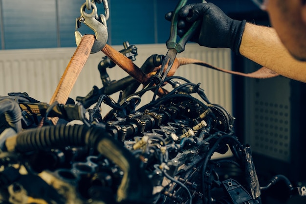 Automonteur werken en repareren aan automotor in mechanica garage