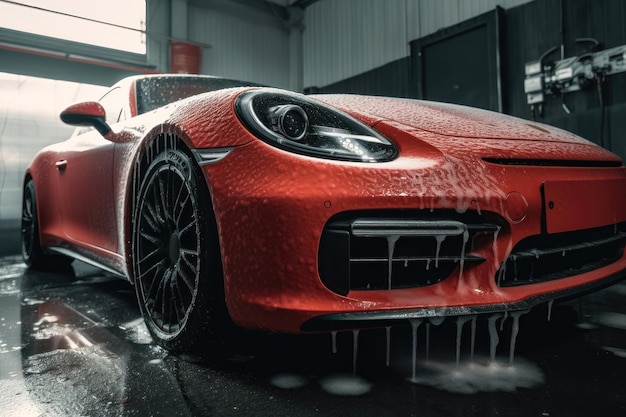 Automotive detailer washing away smart soap and foam with a water high pressure washer AI generated