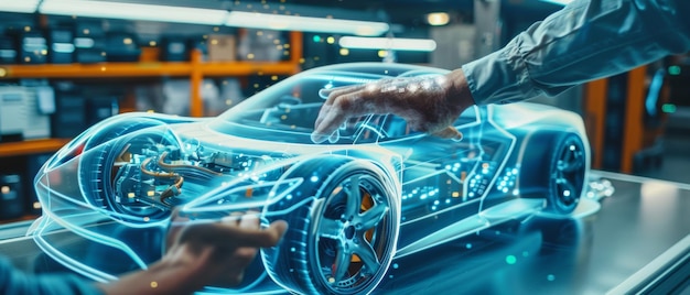 An automotive engineer constructs a 3D model of a hightech electric vehicle while using augmented reality holograms to optimize battery efficiency Manufacturing with automated robot arms