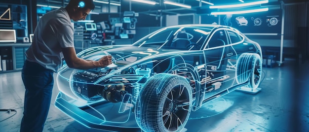 An automotive engineer and designer are working together on a 3D electric car design using Augmented Reality on smartphones Graphical Engine Battery Chassis and Body are collected and created