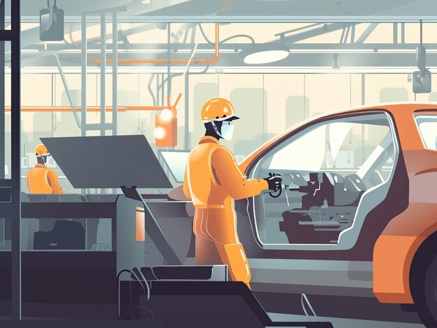 Foto ingegnere automobilistico che lavora su una linea di produzione che sovrintende all'assemblaggio dei veicoli e garantisce il rispetto degli standard di controllo qualità illustrazione piatta