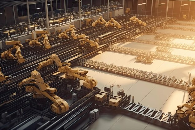 Automotive factory with robots and conveyor belts moving parts from one area to another