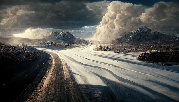 Automotive road in winter snowy mountains on the horizon under dark clouds in the sky