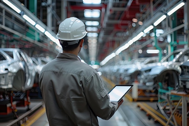 Foto un tecnico automobilistico esamina attentamente una lista di controllo su un tablet mentre ispeziona un'auto nuova in una fabbrica industriale