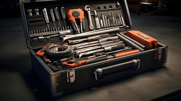 Automotive toolbox with wrenches screwdrivers and pliers