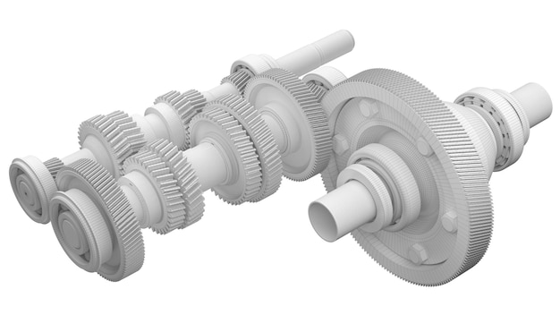 Automotive versnellingsbak 3d render Gears in de veelhoekige afbeelding van het mechanisme