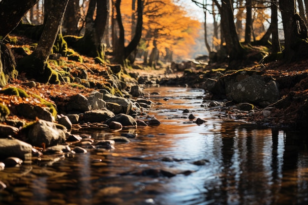 Autonal stream with trees and leaves in the water generative IA