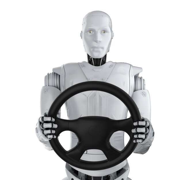 Autonome auto concept met 3D-rendering robot greep stuurwiel geïsoleerd op wit