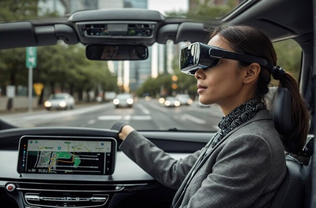 Foto autonome auto op een stadsstraat bij zonsondergang