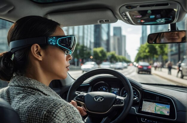 Foto autonome auto op een stadsstraat bij zonsondergang