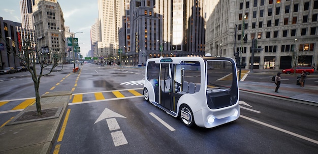 Autonome elektrische bus zelf rijden op straat Smart voertuig technologie concept 3d render