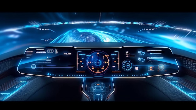 Autonome futuristische auto dashboard concept met HUD en hologram schermen en infotainment systeem
