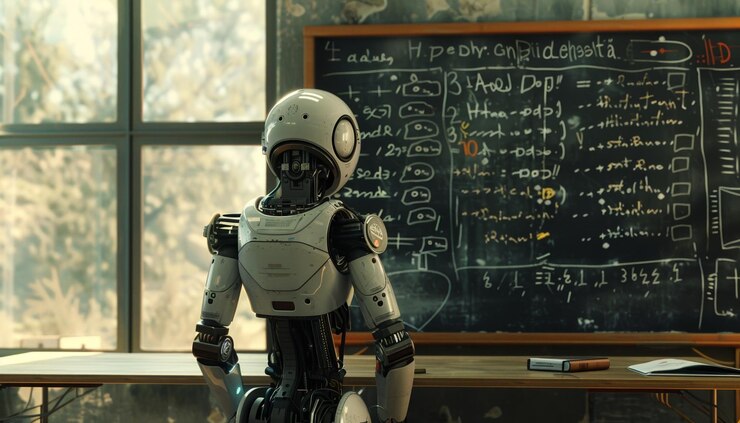 Autonome robot die complexe wiskundige vergelijkingen op het klasbord analyseert