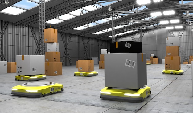 Foto autonome robots die pakketten verplaatsen in magazijn 3d illustratie