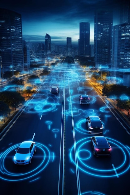 Autonome zelfrijdende auto's die zich door de snelweg bewegen