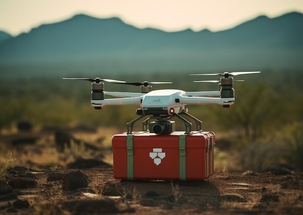 An autonomous AI drone delivering emergency medical supplies to a remote area displaying innovation