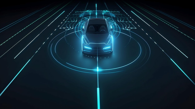 Photo an autonomous automobile sensor system concept for the safety of driverless mode car control in the future generative ai