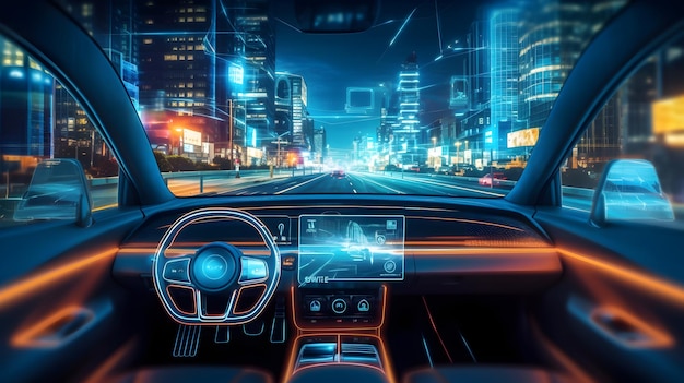 Autonomous Car Autopilot vehicle and AI with Transport conceptDOWNLOAD PREVIEW Autonomous car with HUD graphic of Navigation system driving on street in the city by Self Driving Modegenerative Ai